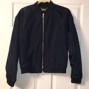 CLOSET SALE — Express Navy Blue Bomber Jacket XS Ruched Gold